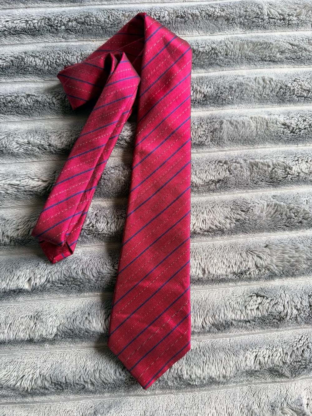 Mana Hand Made Red With Blue Stripes Thai Silk Necktie